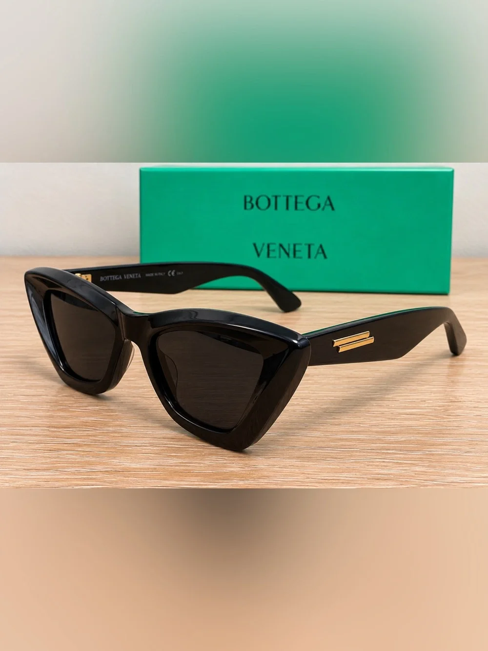 Bottega Veneta Black and Gold Cat-Eye Sunglasses + Box